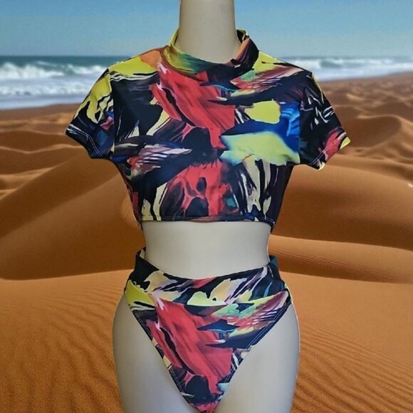 NWoT Colorful Abstract Women's Crop Top 2 piece swim suit stretchy not worn - Picture 1 of 16